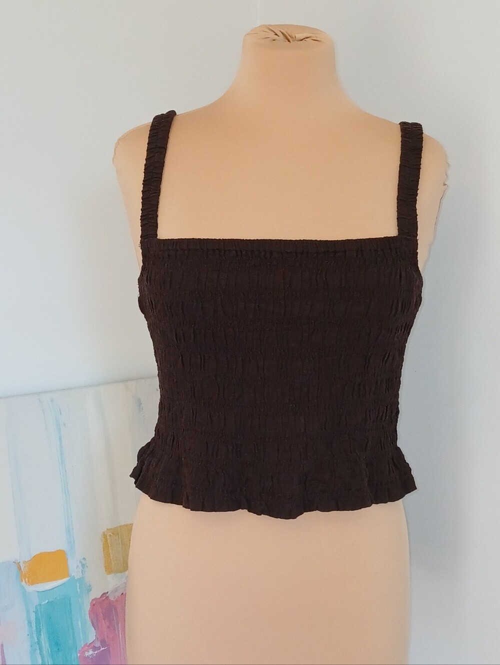 Michael Kors Linen Blend Smocked Square Neck Cami, Dark Brown/ Summer 26 piece - Picture 3 of 9